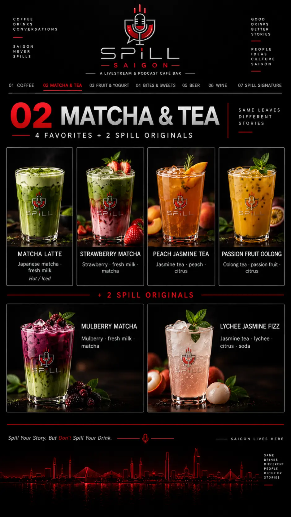 SPILL Saigon Matcha + Tea menu